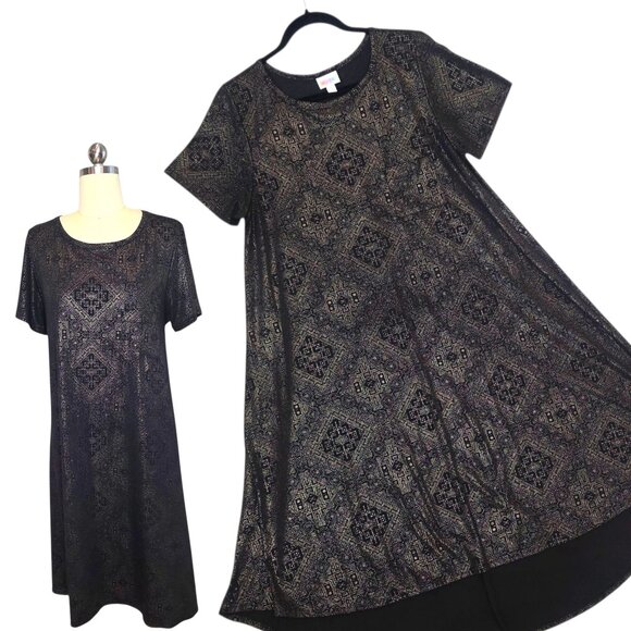 LuLaRoe Elegant Carly Dress L Black Metallic Gold Hi-Lo Hem A-Line Swing Holiday - Picture 1 of 9